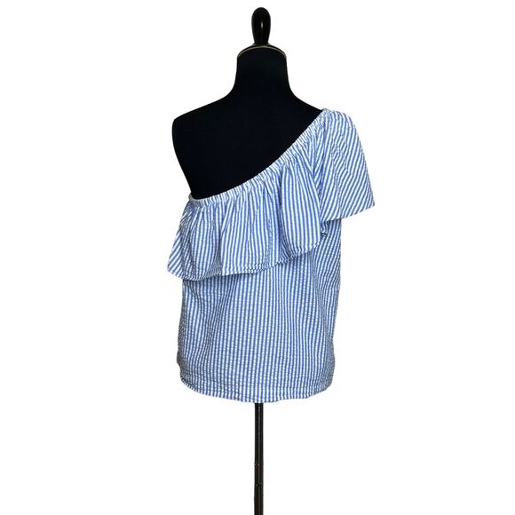 Vineyard Vines blue white stripes one shoulder ruffled top size 4 - Picture 2 of 13